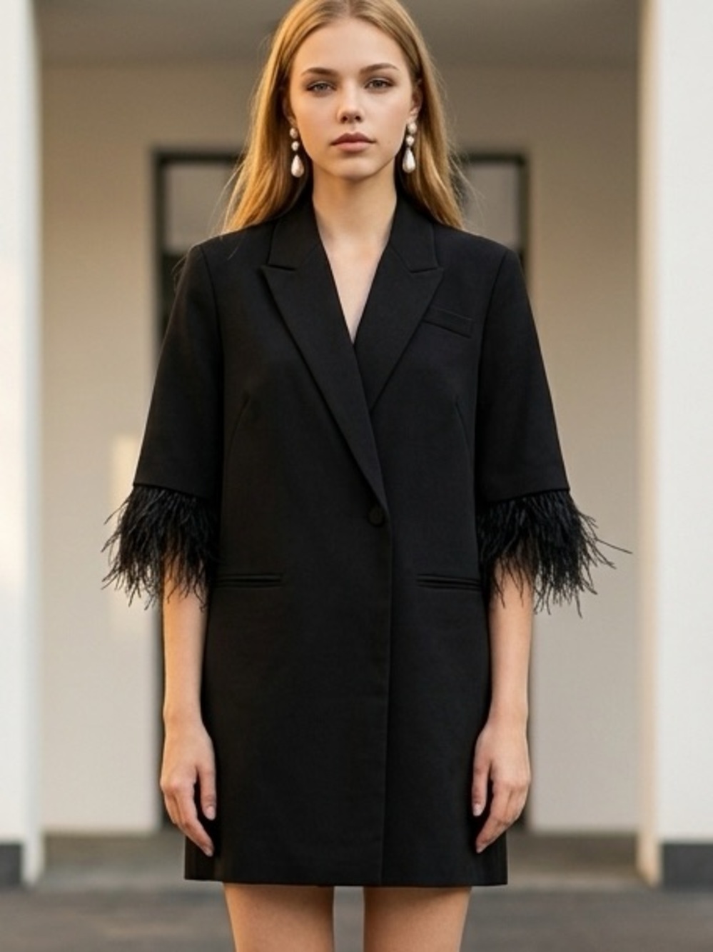 Amy Ejoy Life Black Feather-Cuff Blazer